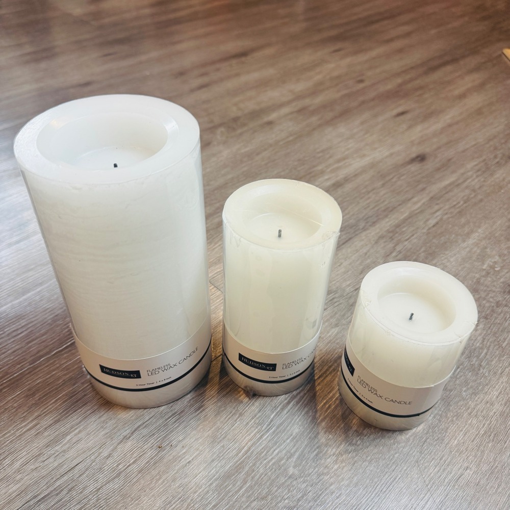 Hudson 43 Flameless LED Wax Candle Set of 3 White 8in 6in 4in with 5 Hour Timer